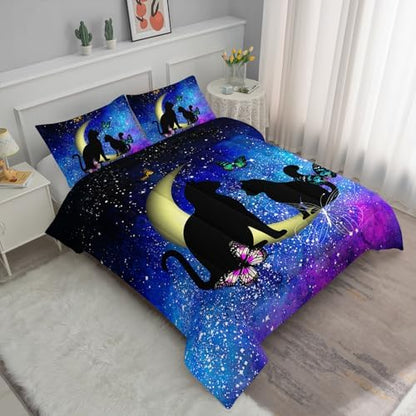 Axolotl Black Cat Comforter Bedding Set King,Cartoon Cat Butterflies Moon Printed Kids Bedding Set,Starry Sky Gradient Bedding for Kids Boys Girls Adults Teens All Season,1 Quilt 2 Pillow Cases,Blue