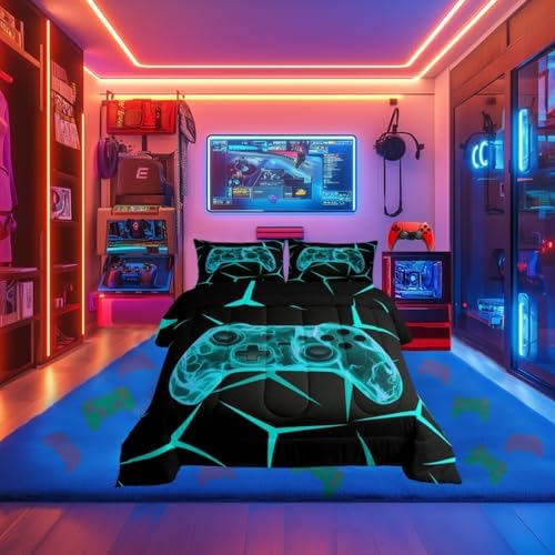 Castle Fairy Boys Game Comforter Set,Geometric Honeycomb Bedding Set for Kids Teens,Video Games Quilt Set,Duvet Insert 2 Pcs with 1 Pillowcase,Toddler