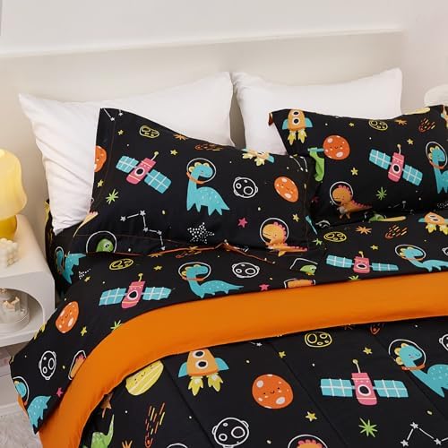 Yibeizi Space Dinosaur Kids Comforter Set for Boys Full Size, Cute Quilted Black Printed Bedding Set with Pillow Sham, Lightweight Soft Breathable Washable Bed Set 3 Piece