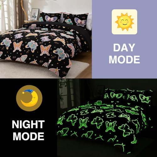 Girl Queen Comforter Set, 5 Pieces Glow in The Dark Butterfly Bed in A Bag