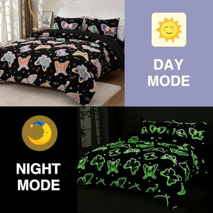 Girl Queen Comforter Set, 5 Pieces Glow in The Dark Butterfly Bed in A Bag