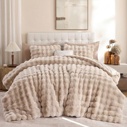 YIKUSH King Faux Fur Soft Comforter Set, Fluffy Linen Rabbit Fur Comforter