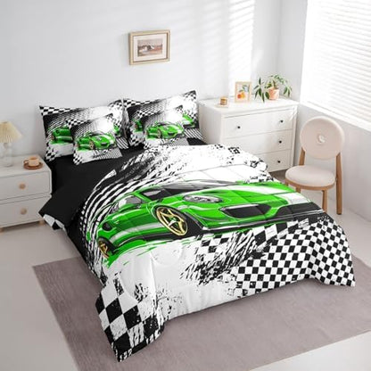 jejeloiu Green Race Car Comforter Set with Sheets Full Size for Kids Boys Girls Checkerboard Racing Flag 7 Pieces Bedding Set Cartoon Bed in a Bag Bedroom Decor Soft Lightweight Microfiber