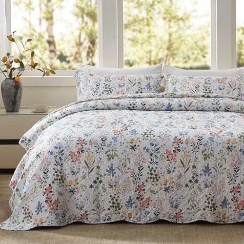 LEAONME 3-Piece Full Queen Size Quilt Set Lightweight Bedspread Coverlet 90''x98'' Garden Style Floral Printed Oversized Bedding Set with Shams for All Season