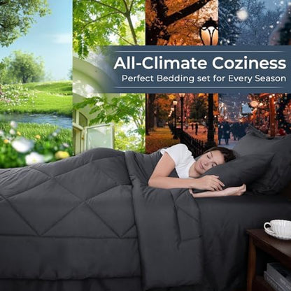 HEVUMYI 7-Piece California King Comforter Set, Dark Grey Bed in a Bag