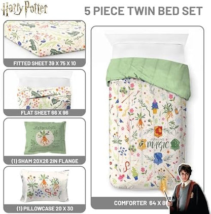 Harry Potter Twin Comforter Set 5 Piece Soft Floral Bedding, Multi