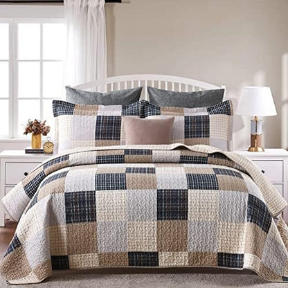 Y-PLWOMEN 100% Cotton Quilts Queen Size Farmhouse Plaid 3-Pieces Bedding