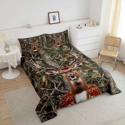 Feelyou Camo Deer Comforter Set King Size Deer Antlers Army Camouflage Bedding Set Boys Girls Wild Animal Hunting Comforter Set Forest Branches Duvet Insert Bed Set 3Pcs