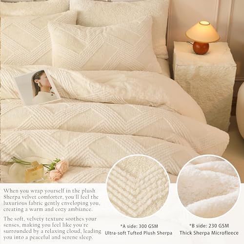 tohrisa Tufted Boho Comforter Set Queen - White Fluffy Sherpa Bedding Set, Soft Fuzzy Jacquard Quilt Set, 3 Pieces Cozy Bed Set Warm Comforter for Winter(90"X90")