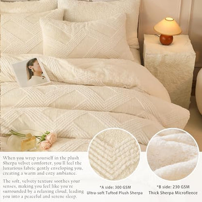 tohrisa Tufted Boho Comforter Set Queen - White Fluffy Sherpa Bedding Set, Soft Fuzzy Jacquard Quilt Set, 3 Pieces Cozy Bed Set Warm Comforter for Winter(90"X90")