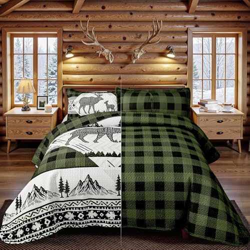 3 Piece Cabin King Size Quilt Sets Farmhouse Rustic Reversible Microfiber Soft Lightweight Bedspread Comforter with 2 Shams Patchwork Country Lodge Bedding Quilts Set for All Season, 106''x96'', Green