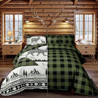 3 Piece Cabin King Size Quilt Sets Farmhouse Rustic Reversible Microfiber Soft Lightweight Bedspread Comforter with 2 Shams Patchwork Country Lodge Bedding Quilts Set for All Season, 106''x96'', Green