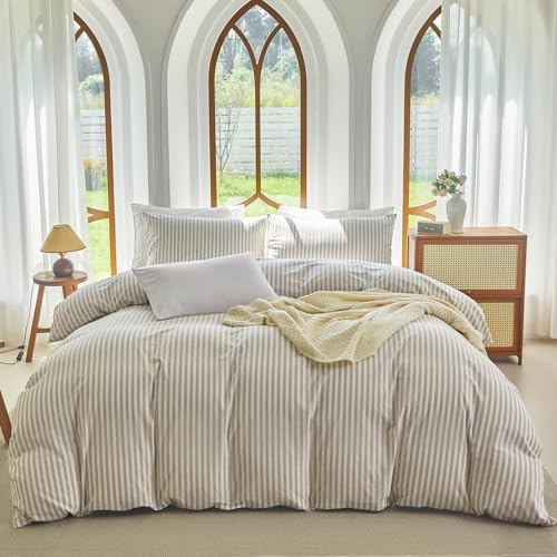 Striped Duvet Cover Set King Size 3 Pcs 100% Washed Cotton Linen Like Textured Natural Wrinkle Comfy Breathable (King, Classic Stripe-Linen Grey/White)