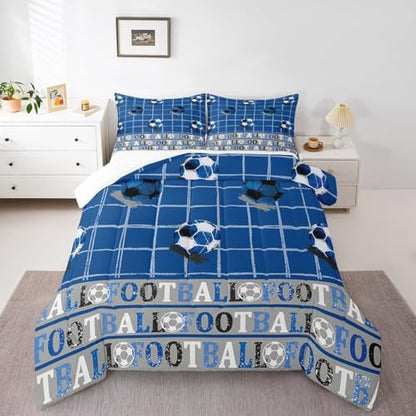 Homewish Soccer Sports Full Size Comforter Set,Blue Soccer Grid Bedding Set for Adults Teens,Children Sport Gaming Comforter Luxury Football Pattern Quilt Set Room Decor 3Pcs