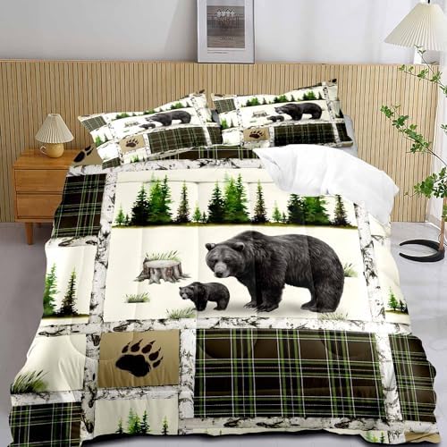 LUVIVIHOME 2PCS Rustic Cabin Bedding, Black Bear Comforter Set Twin Size, Country Lodge Farmhouse Forest Animal Wildlife Hunting Log Cabin Bedroom Decor, Green Plaid Patchwork Quilt, 1 Pillow Sham