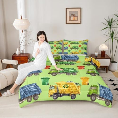 Erosebridal Boys Garbage Trucks King Comforter Set, Trash Truck Bedding Set, Cartoon Car Comforter for Teens Men Kids Room Decor, Colourful Trash Cans Green Quilt with 2 Pillowcases, 3 Piece