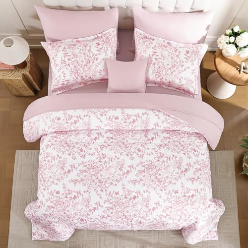 WONGS BEDDING Queen Size Comforter Set, 8 Pieces Pink Floral Bed in a Bag Comferter Sets, Botanical Print Soft Fluffy Microfiber Complete Bedding Sets for All Season (90"x90")
