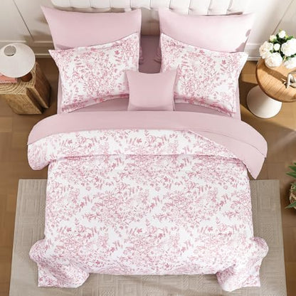WONGS BEDDING Queen Size Comforter Set, 8 Pieces Pink Floral Bed in a Bag Comferter Sets, Botanical Print Soft Fluffy Microfiber Complete Bedding Sets for All Season (90"x90")