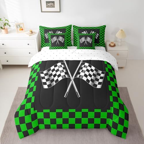 Teens Racing Comforter Set King Size 7 Pcs Green Black White Bedding Set with Comforter,Sheet Set,Pillowcase and Sham Racing Car Flag Game Theme Bed Set Checkered Flag Bedding for Room Decorative