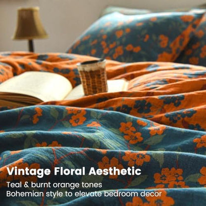 BISELINA 100% Cotton Muslin Duvet Cover Set King, 3 Pcs Yarn-Dyed Jacquard Textured Reversible Floral Design, Soft and Breathable Bedding Set with Zipper Closure, Floral Blue Orange