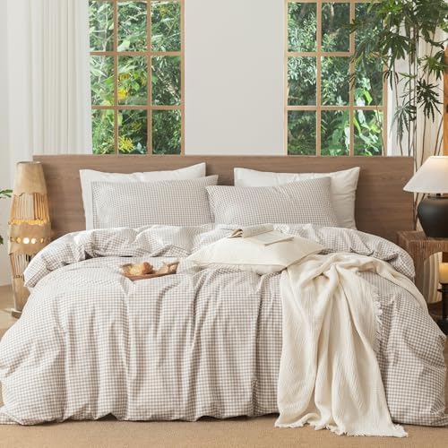 MooMee Gingham Duvet Cover Set 100% Washed Cotton Linen Like
