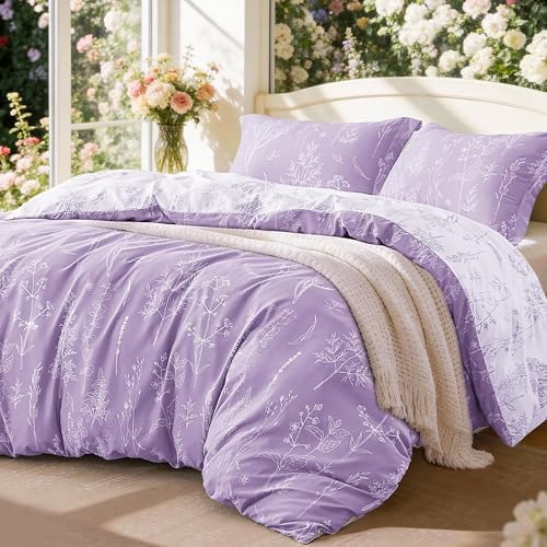 Love's cabin Lavender Full Comforter Set - Full Size Comforter Set, 3 Pieces Cute Floral Bedding Sets for All Seasons,1 Soft Reversible Botanical Flowers Comforter and 2 Pillow Shams