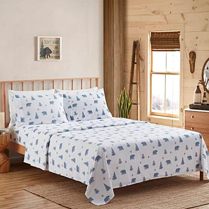 Flannel Sheets Warm and Cozy Deep Pocket Breathable All Season Bedding Set with Fitted, Flat and Pillowcases, King, Winter Bears