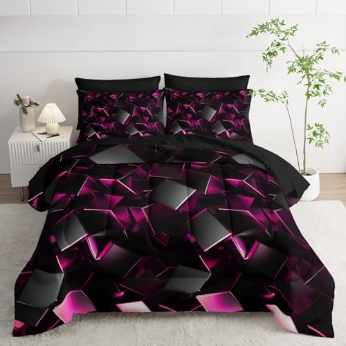 Nttopship Black and Pink Geometric Comforter Set Queen Size 7PCS,Abstract Triangular Printed Bedding Set for Adults,Geometric Mordern Art Decor All Seasons with Pillowcases,Flat, Fitted Sheet