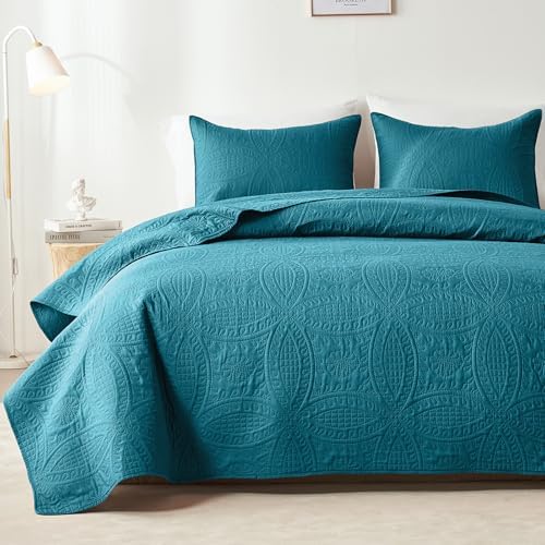 akkialla Teal Full/Queen Quilt Set, Ultrasonic Lightweight Bedspread Coverlet for Modern Minimalist Bedroom, Soft Microfiber Coin Pattern Bedding, 3-Piece (1 Quilt, 2 Pillow Shams)