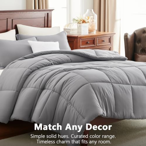 CozyLux Full Size Comforter Sets, 3-Piece Box-Stitched, Grey