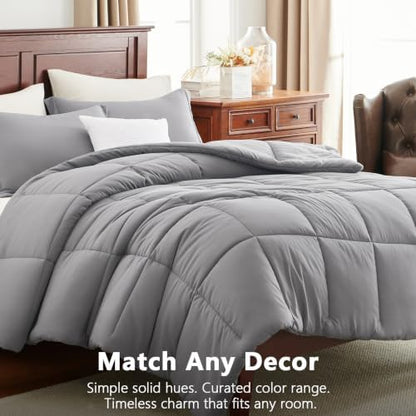 CozyLux Queen Size Comforter Set, 3-Piece Box-Stitched, Grey