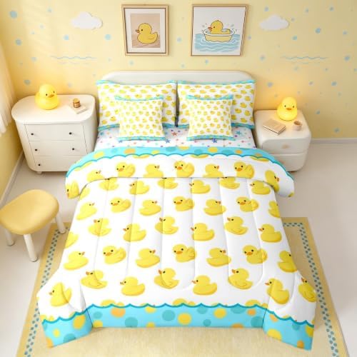 Erosebridal Blue and Yellow Duck King Bedding Set 7 Piece Lovely Duck Lovers Bed in A Bag with Sheets Cartoon Rustic Country Comforter Set for Kids Adults,Wild Duck Animals Bed Sets