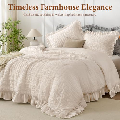 JOLLYVOGUE Beige Queen Comforter Set, 3 Pieces Seersucker Comforters Queen Size, Lightweight & Fluffy Bedding Sets Queen for All Season with 1 Ruffle Comforter and 2 Ruffle Pillowshams