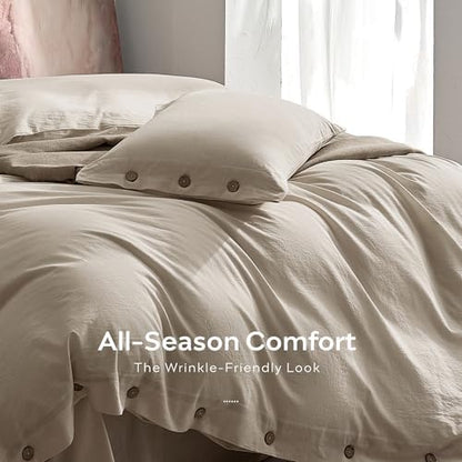 JELLYMONI 100% Washed Cotton Oatmeal Duvet Cover Full, Linen-Like
