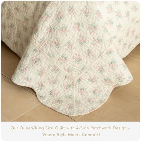 Lady Ann 100% Cotton Queen Quilt - Pink Flower Botanical Queen Bedding Sets, 3 Pcs Lightweight Scalloped Edge Bedspread Set Ultra Soft Quilted Floral Coverlet for All Season