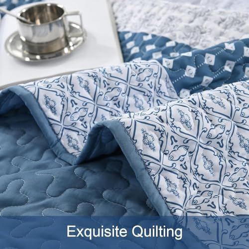 WONGS BEDDING Blue Full Size Quilt Set, Bohemian Striped Bedspreads