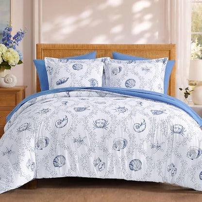 BLOOMHAVEN Queen Comforter Set-7 Pieces Coastal Blue Bed in a Bag Queen