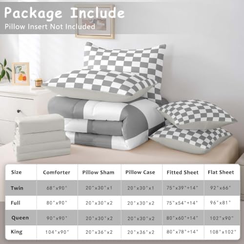 Checkered Retro Comforter Set Full Size 7 Pieces Grey Plaid Bedding Set for Kids Boys Girls Geometric Vintage Bed in a Bag Modern Simple Groovy Aesthetic Bedroom Decor All Season Quilted Lightweight