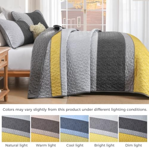 Cottolester Boho King Size Quilt Set,Yellow Grey Striped Bedsperad Coverlet