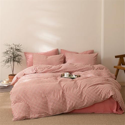 mixinni Orange Gingham Comforter Set Full, Plaid Comforter Set 3 Pieces 1 Orange Grid Comfoter with 2 Pillow Cases for All Seasons, Soft Fluffy Modern Grid Pattern Printed Bedding-Full Size
