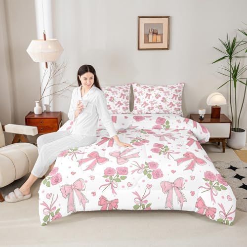 Castle Fairy Pink Bow Twin Size Comforter Set,Romantic Pink Roses Duvet Set Soft Bed Collection,Dreamy Girly Style Bedding Comforter for Boys Girls Bedroom,2 Pcs