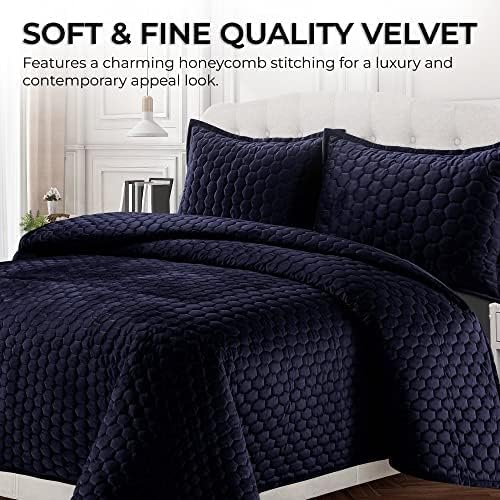 Tribeca Living Lugano Oversized Velvet Quilt Set - All Season, Extra Large, 2 Piece Twin Size Comforter Set with 1 Pillow Sham in Indigo Honeycomb Pattern 260GSM