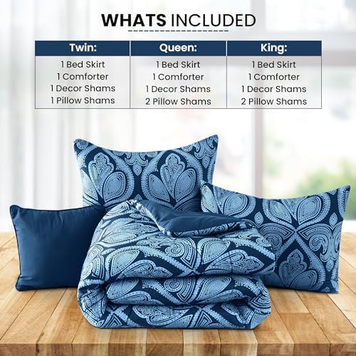 LUX Décor Reversible 4pc Twin Comforter Set, Printed Bedding Set, All-in-One Bed in a Bag, Includes 1 Comforter, 1 Pillow Sham, 1 Decor Pillow & 1 Bed Skirt (Paisley Navy,Twin)