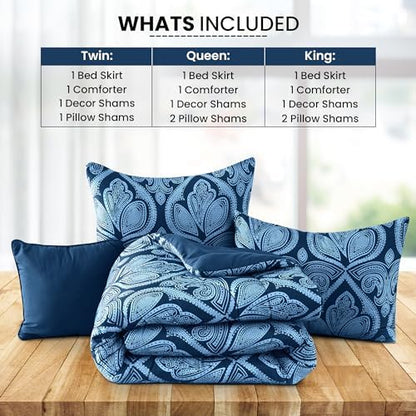 LUX Décor Reversible 4pc Twin Comforter Set, Printed Bedding Set, All-in-One Bed in a Bag, Includes 1 Comforter, 1 Pillow Sham, 1 Decor Pillow & 1 Bed Skirt (Paisley Navy,Twin)