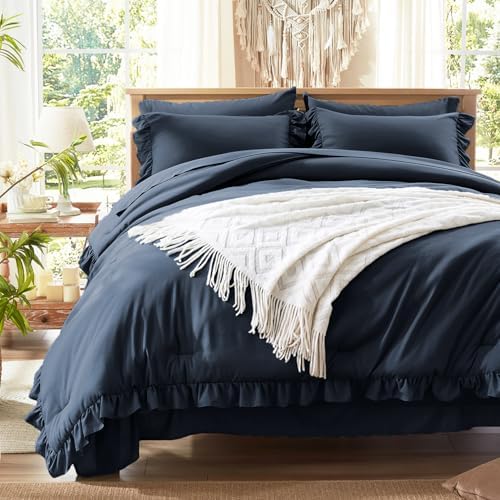 Anluoer King Size Comforter Set 7 Piece,Ruffle Bed in a Bag Bedding Sets