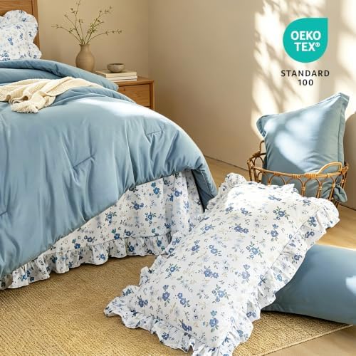 WONGS BEDDING 8PC Queen Comforter Set, Ruffle Comforter with Floral Sheets