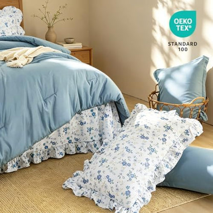 WONGS BEDDING 8PC King Comforter Set, Ruffle Comforter with Floral Sheets