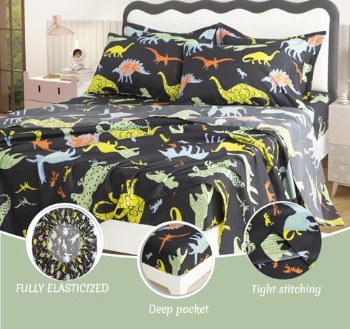 SDY 7PCS Twin Dinosaur Bedding Set，Soft Dino Bedding for Kids,Boys and Girls with Dinosaur 1Comforter 1FittedSheet 1FlatSheet 2Pillowcases 2PillowShams