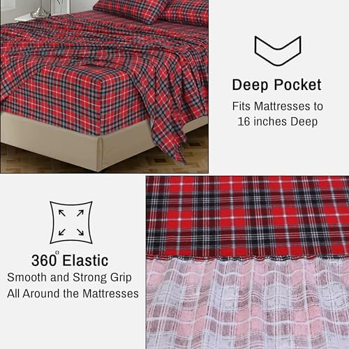 RUVANTI Flannel Sheets King Size, Red Plaid