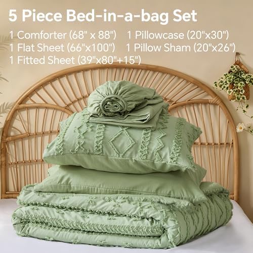 BEDELITE Twin XL Comforter Set 5 Pieces,Boho Bed in a Bag,Sage Green